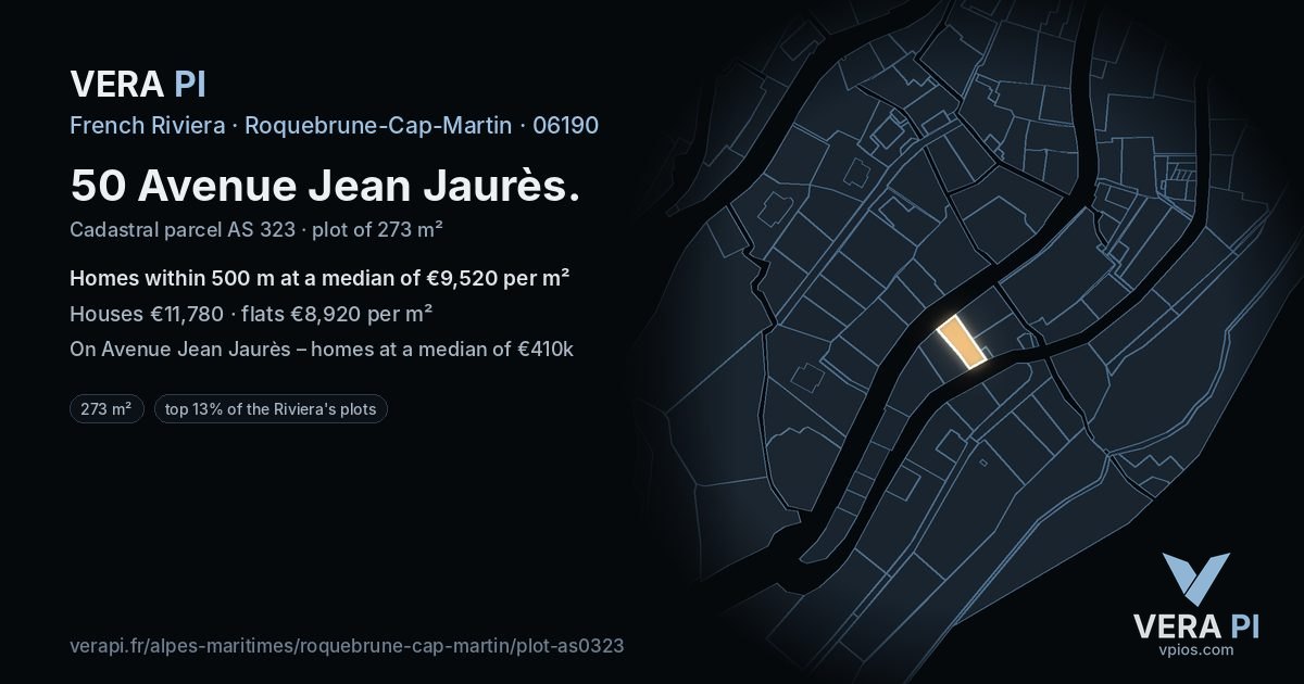 50 Avenue Jean Jaurès, Roquebrune-Cap-Martin at night – the plot lit, the parcels around coloured by the prices near them