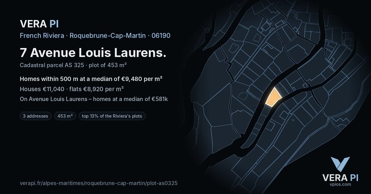 7 Avenue Louis Laurens, Roquebrune-Cap-Martin at night – the plot lit, the parcels around coloured by the prices near them