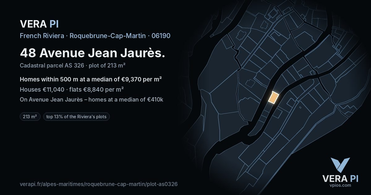 48 Avenue Jean Jaurès, Roquebrune-Cap-Martin at night – the plot lit, the parcels around coloured by the prices near them