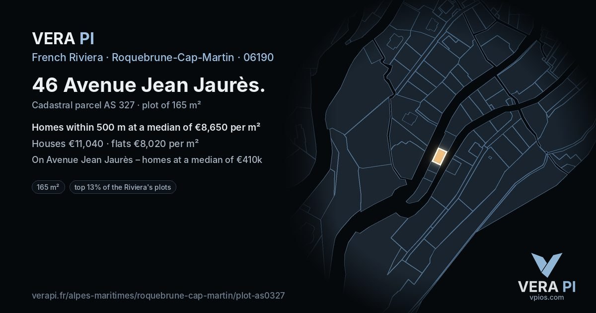 46 Avenue Jean Jaurès, Roquebrune-Cap-Martin at night – the plot lit, the parcels around coloured by the prices near them