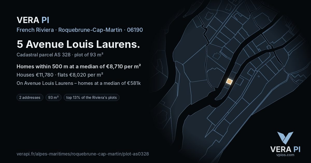 5 Avenue Louis Laurens, Roquebrune-Cap-Martin at night – the plot lit, the parcels around coloured by the prices near them