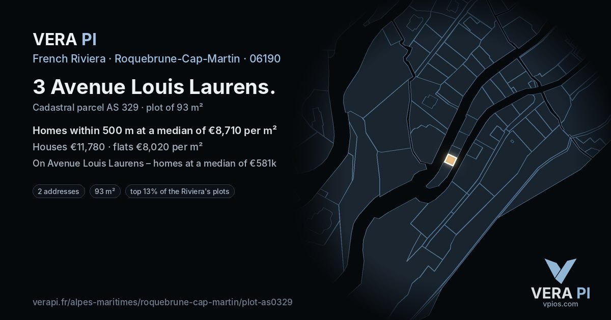 3 Avenue Louis Laurens, Roquebrune-Cap-Martin at night – the plot lit, the parcels around coloured by the prices near them