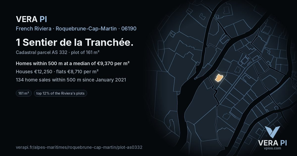1 Sentier de la Tranchée, Roquebrune-Cap-Martin at night – the plot lit, the parcels around coloured by the prices near them