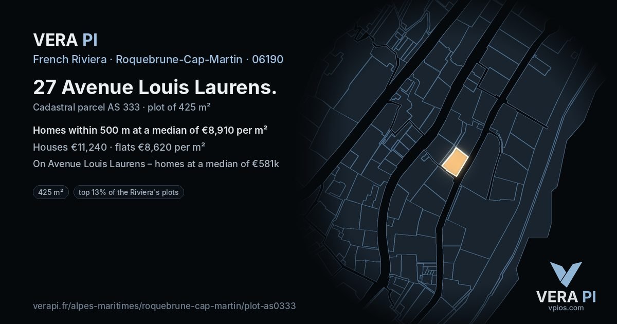 27 Avenue Louis Laurens, Roquebrune-Cap-Martin at night – the plot lit, the parcels around coloured by the prices near them