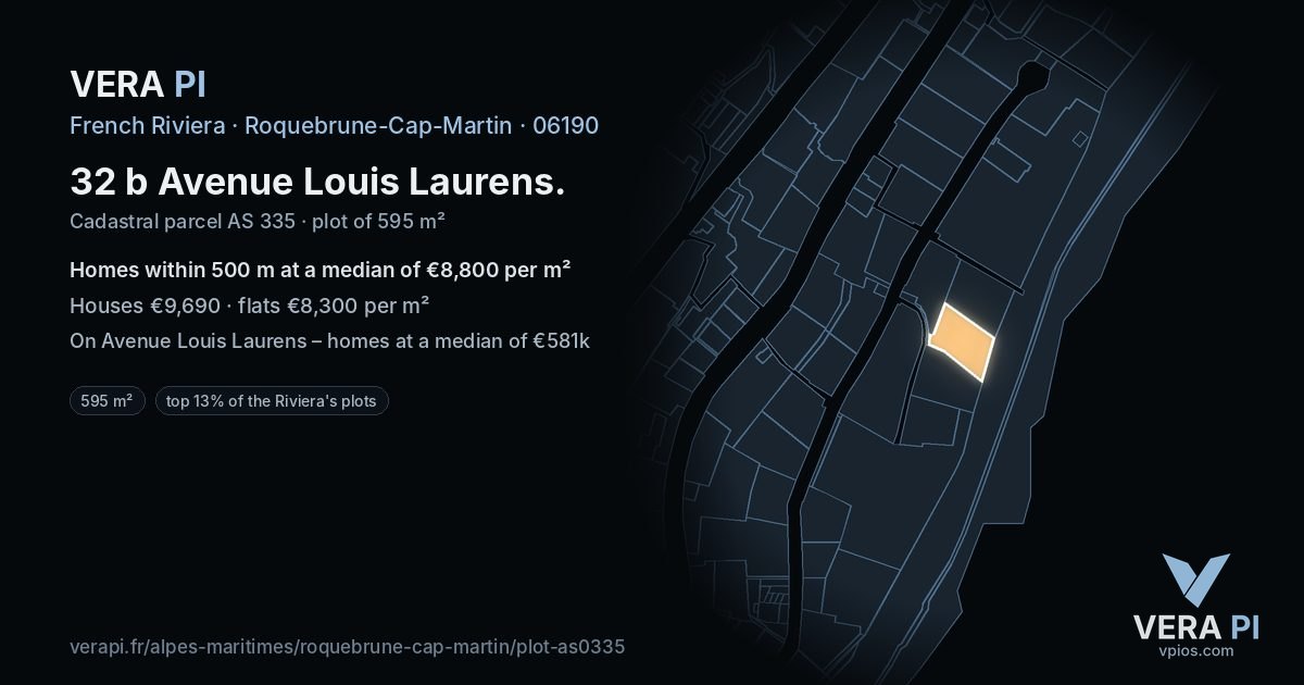 32 b Avenue Louis Laurens, Roquebrune-Cap-Martin at night – the plot lit, the parcels around coloured by the prices near them