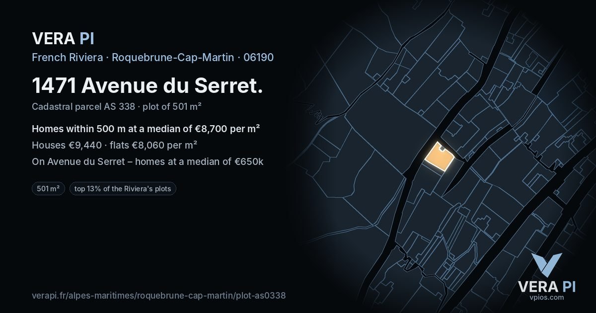 1471 Avenue du Serret, Roquebrune-Cap-Martin at night – the plot lit, the parcels around coloured by the prices near them