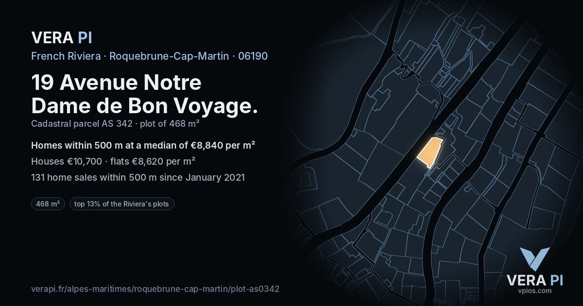 19 Avenue Notre Dame de Bon Voyage, Roquebrune-Cap-Martin at night – the plot lit, the parcels around coloured by the prices near them