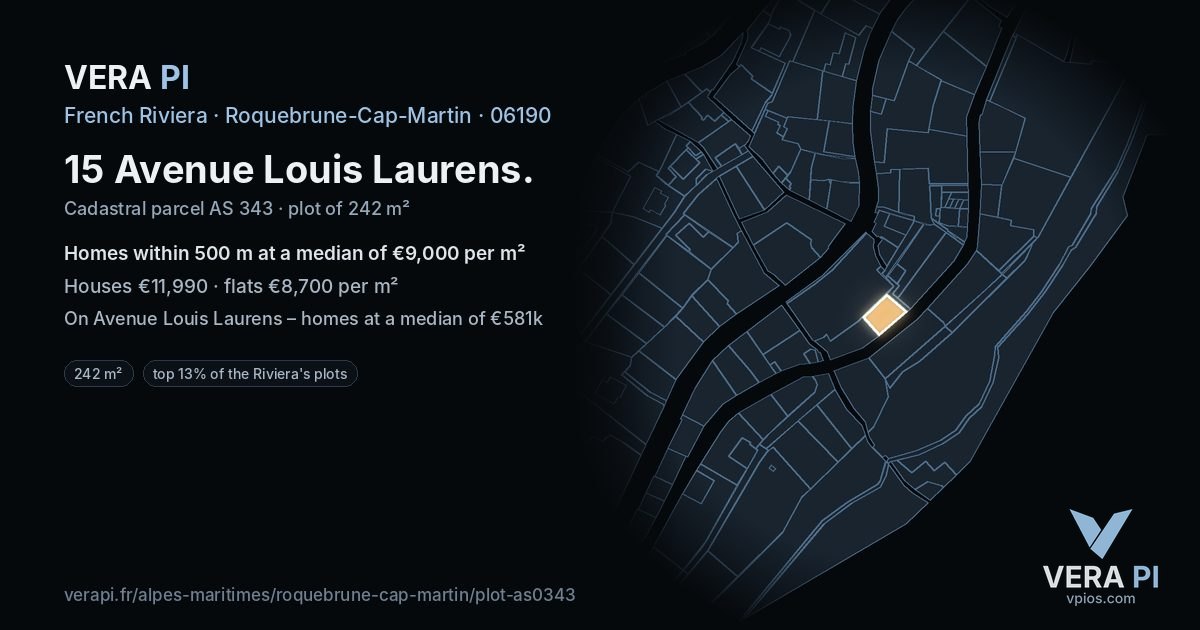 15 Avenue Louis Laurens, Roquebrune-Cap-Martin at night – the plot lit, the parcels around coloured by the prices near them