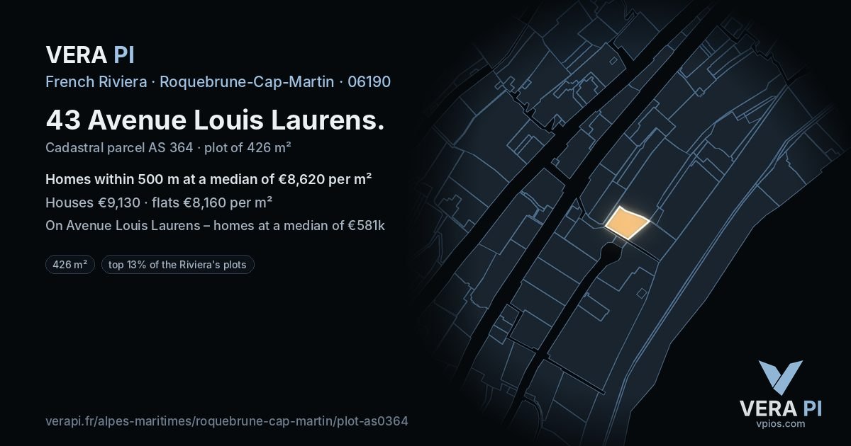 43 Avenue Louis Laurens, Roquebrune-Cap-Martin at night – the plot lit, the parcels around coloured by the prices near them