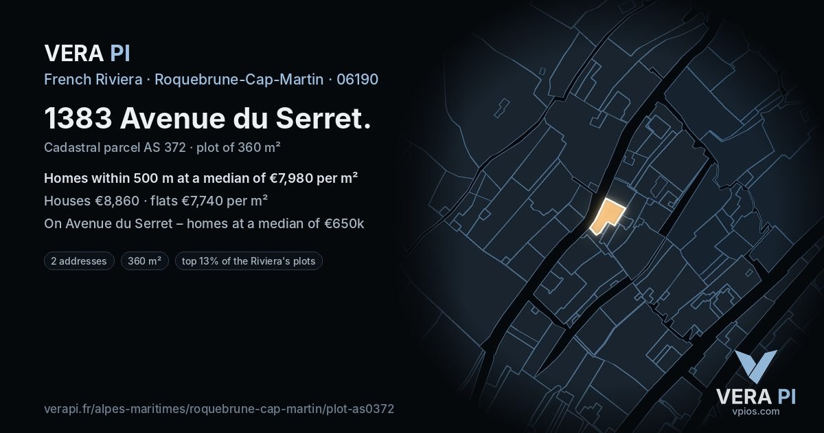 1383 Avenue du Serret, Roquebrune-Cap-Martin at night – the plot lit, the parcels around coloured by the prices near them