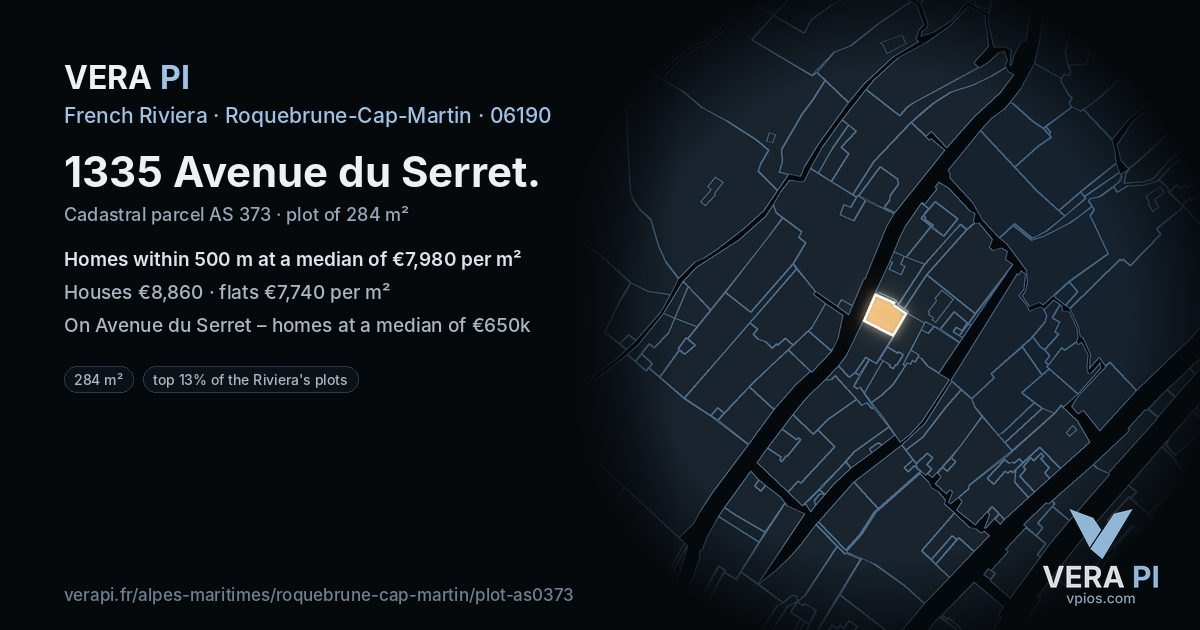 1335 Avenue du Serret, Roquebrune-Cap-Martin at night – the plot lit, the parcels around coloured by the prices near them