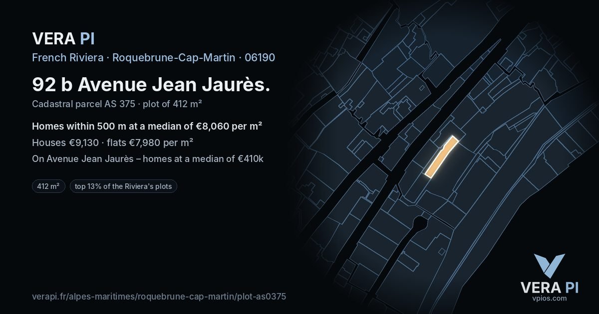 92 b Avenue Jean Jaurès, Roquebrune-Cap-Martin at night – the plot lit, the parcels around coloured by the prices near them