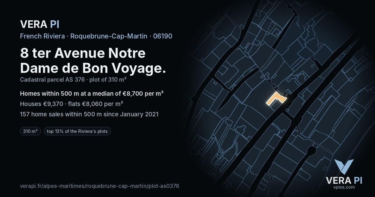 8 ter Avenue Notre Dame de Bon Voyage, Roquebrune-Cap-Martin at night – the plot lit, the parcels around coloured by the prices near them