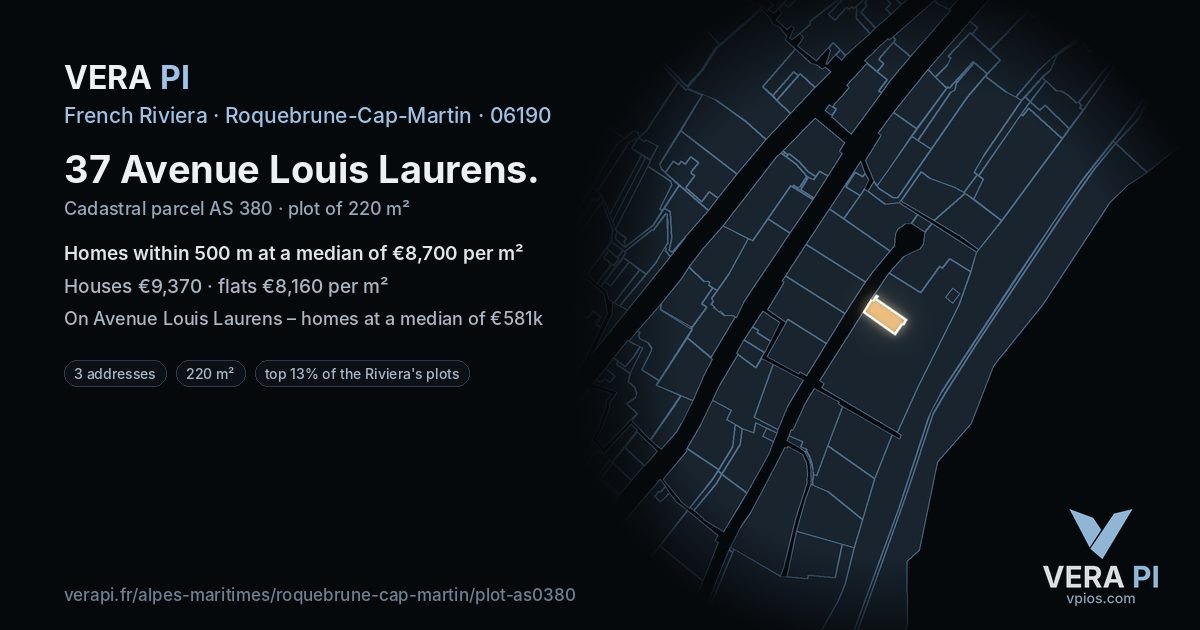 37 Avenue Louis Laurens, Roquebrune-Cap-Martin at night – the plot lit, the parcels around coloured by the prices near them