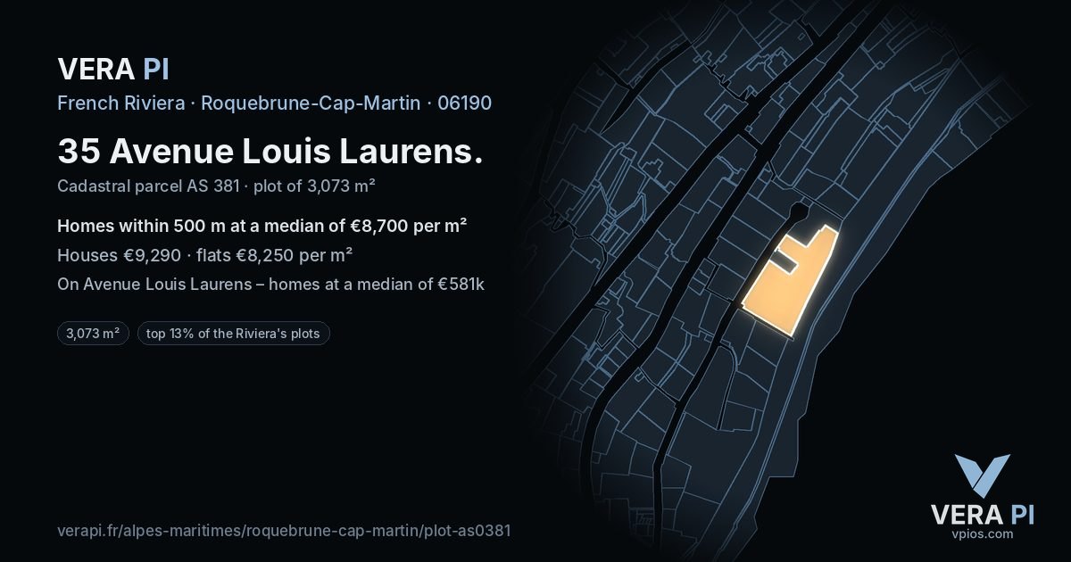 35 Avenue Louis Laurens, Roquebrune-Cap-Martin at night – the plot lit, the parcels around coloured by the prices near them