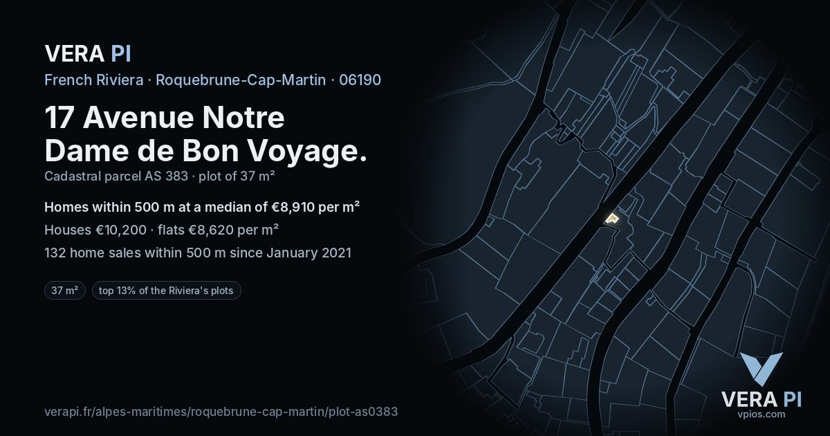 17 Avenue Notre Dame de Bon Voyage, Roquebrune-Cap-Martin at night – the plot lit, the parcels around coloured by the prices near them