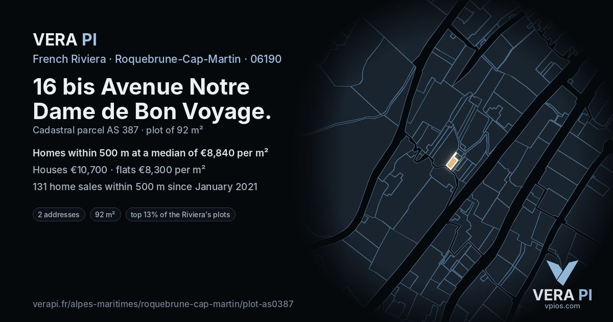 16 bis Avenue Notre Dame de Bon Voyage, Roquebrune-Cap-Martin at night – the plot lit, the parcels around coloured by the prices near them