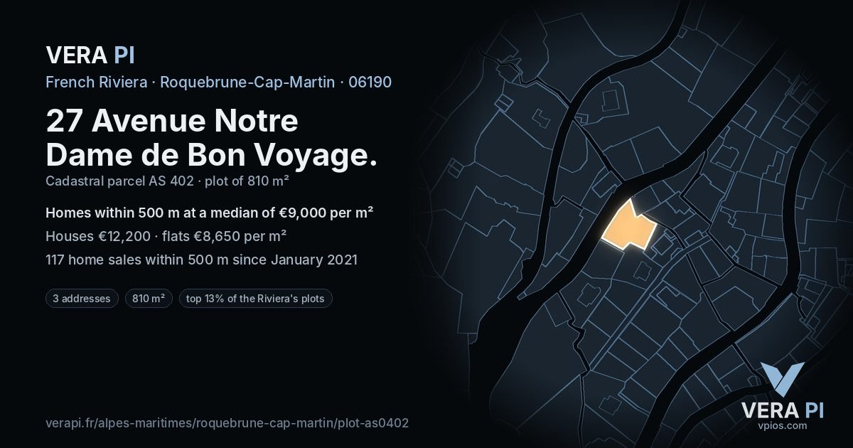 27 Avenue Notre Dame de Bon Voyage, Roquebrune-Cap-Martin at night – the plot lit, the parcels around coloured by the prices near them