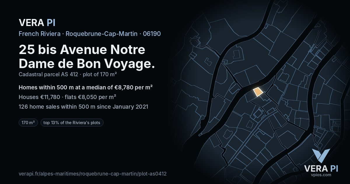 25 bis Avenue Notre Dame de Bon Voyage, Roquebrune-Cap-Martin at night – the plot lit, the parcels around coloured by the prices near them