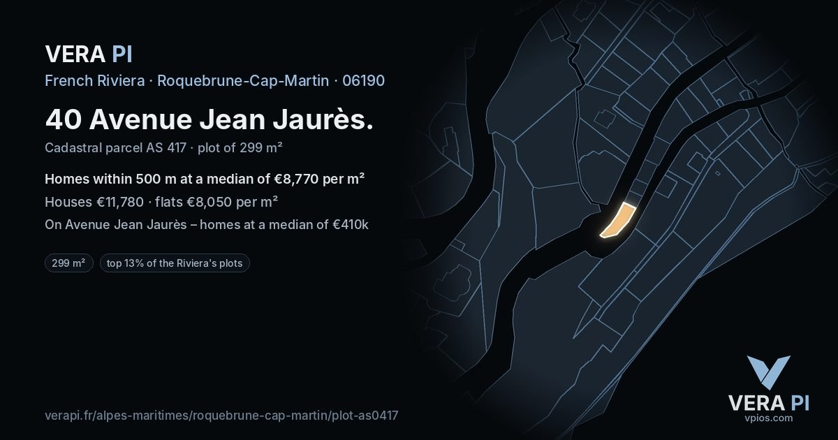 40 Avenue Jean Jaurès, Roquebrune-Cap-Martin at night – the plot lit, the parcels around coloured by the prices near them