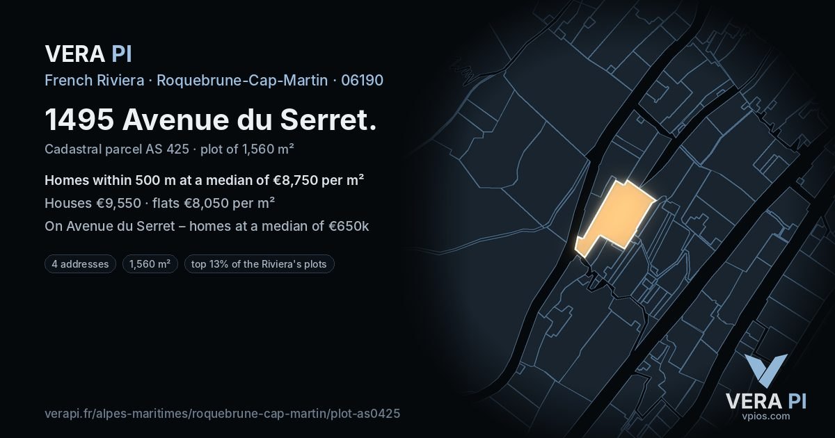 1495 Avenue du Serret, Roquebrune-Cap-Martin at night – the plot lit, the parcels around coloured by the prices near them