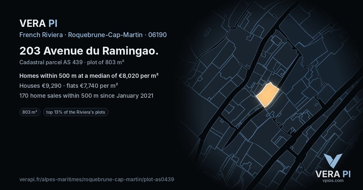 203 Avenue du Ramingao, Roquebrune-Cap-Martin at night – the plot lit, the parcels around coloured by the prices near them