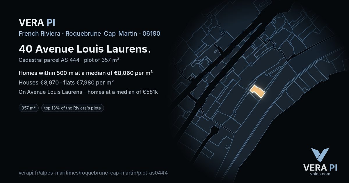 40 Avenue Louis Laurens, Roquebrune-Cap-Martin at night – the plot lit, the parcels around coloured by the prices near them