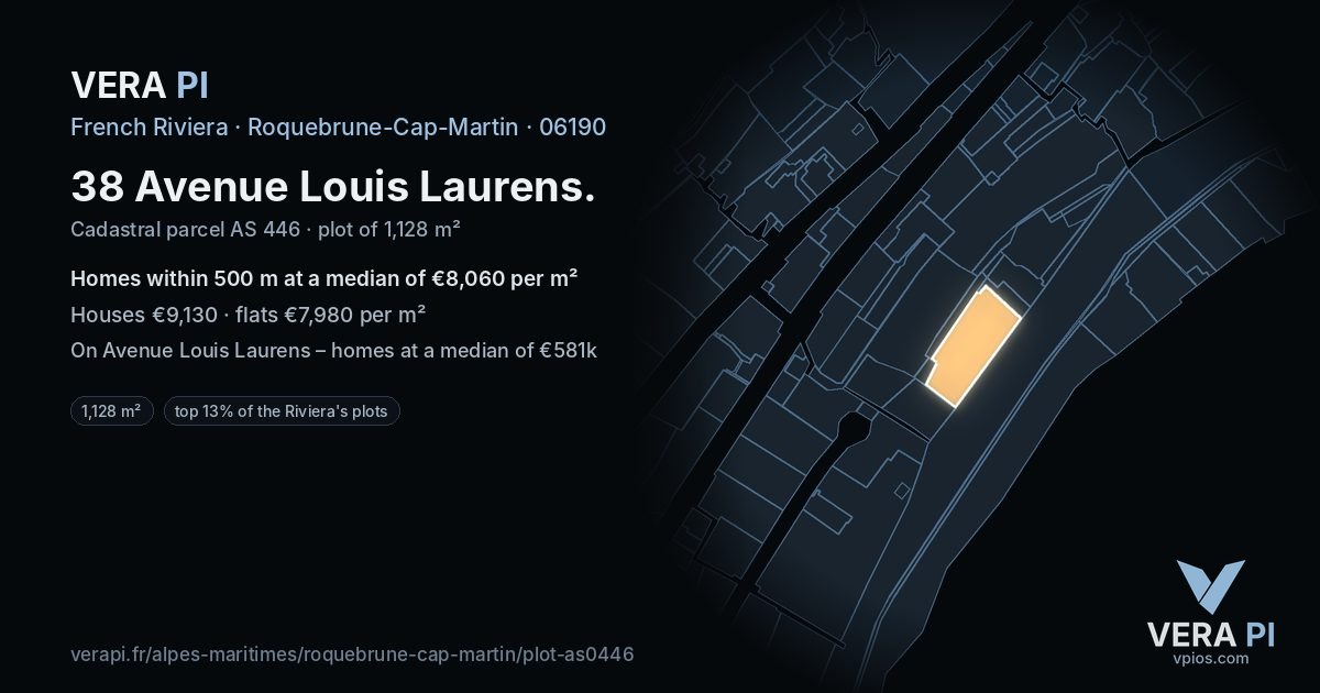 38 Avenue Louis Laurens, Roquebrune-Cap-Martin at night – the plot lit, the parcels around coloured by the prices near them