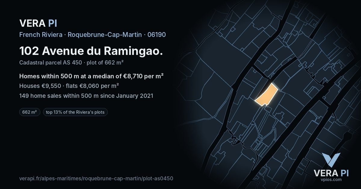 102 Avenue du Ramingao, Roquebrune-Cap-Martin at night – the plot lit, the parcels around coloured by the prices near them