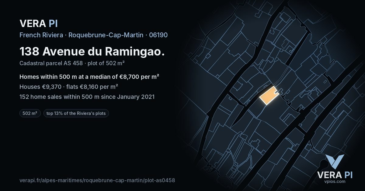 138 Avenue du Ramingao, Roquebrune-Cap-Martin at night – the plot lit, the parcels around coloured by the prices near them