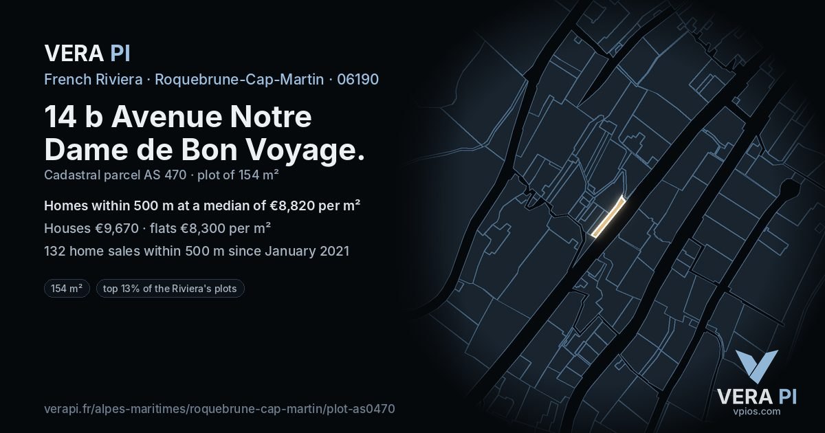 14 b Avenue Notre Dame de Bon Voyage, Roquebrune-Cap-Martin at night – the plot lit, the parcels around coloured by the prices near them