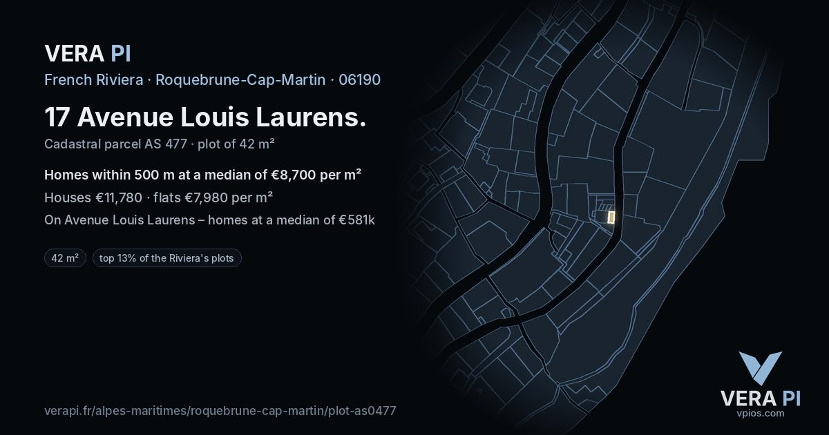 17 Avenue Louis Laurens, Roquebrune-Cap-Martin at night – the plot lit, the parcels around coloured by the prices near them