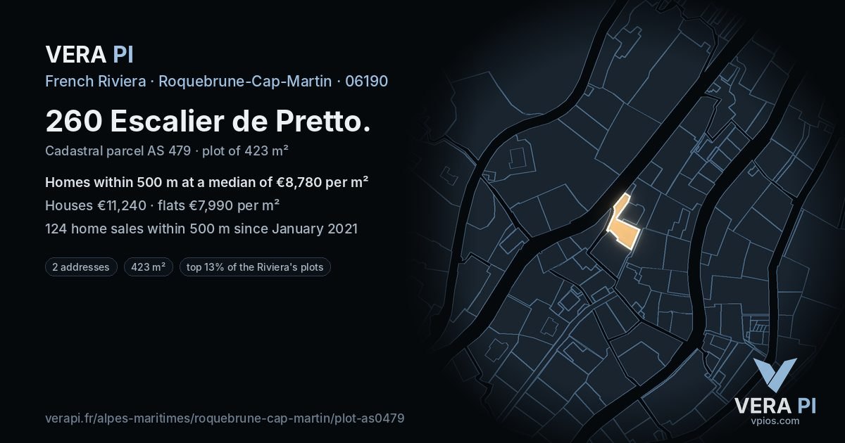 260 Escalier de Pretto, Roquebrune-Cap-Martin at night – the plot lit, the parcels around coloured by the prices near them