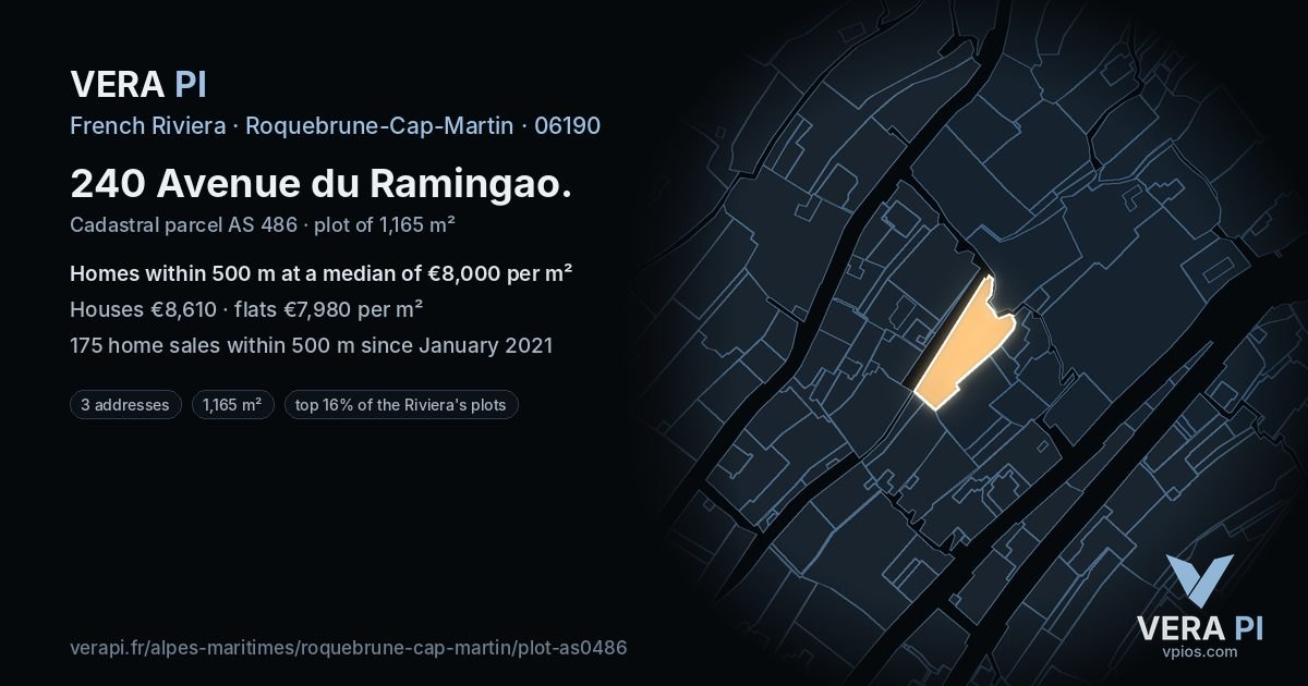 240 Avenue du Ramingao, Roquebrune-Cap-Martin at night – the plot lit, the parcels around coloured by the prices near them