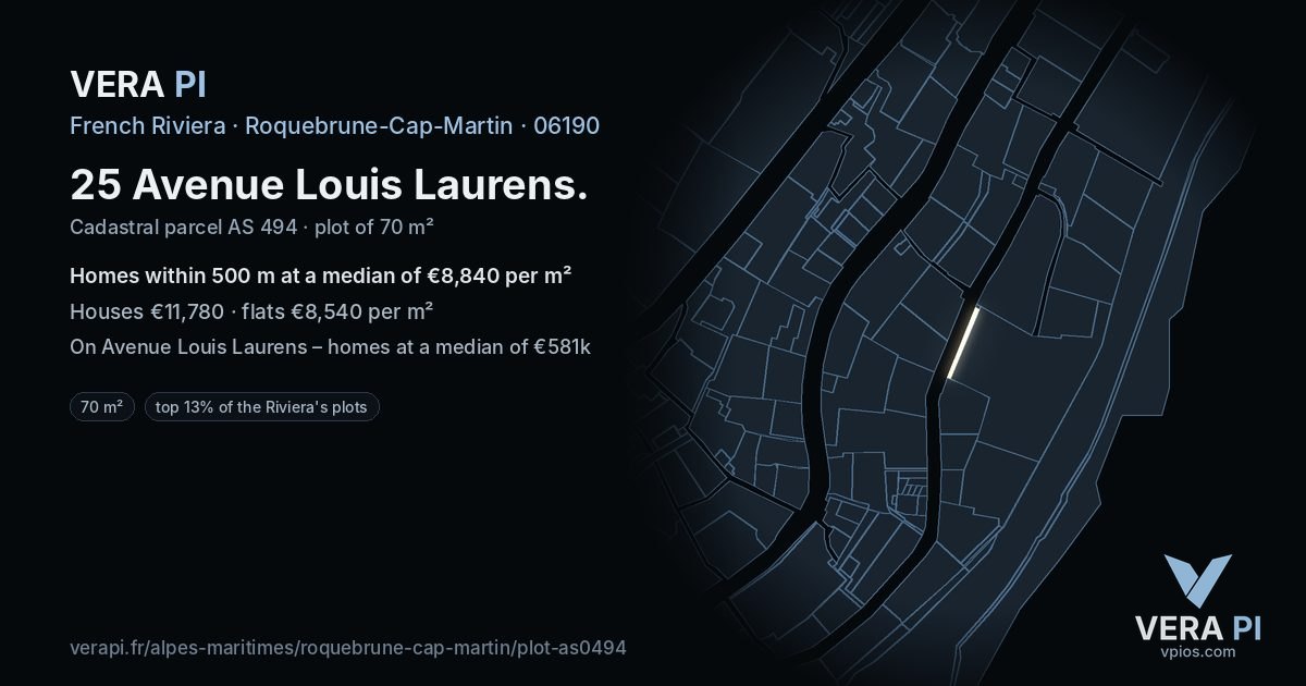 25 Avenue Louis Laurens, Roquebrune-Cap-Martin at night – the plot lit, the parcels around coloured by the prices near them