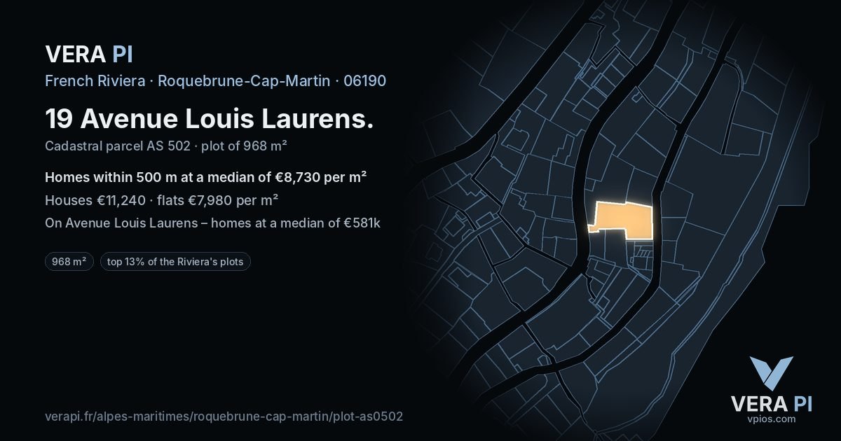 19 Avenue Louis Laurens, Roquebrune-Cap-Martin at night – the plot lit, the parcels around coloured by the prices near them