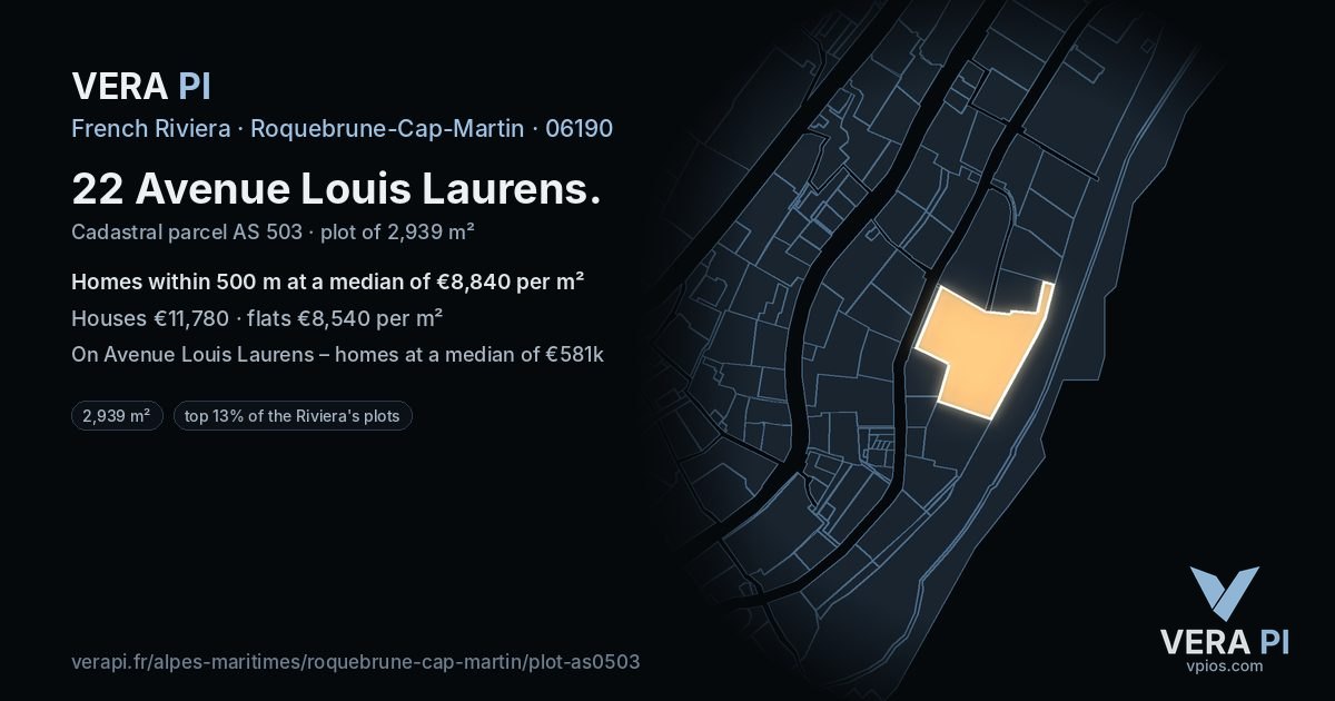 22 Avenue Louis Laurens, Roquebrune-Cap-Martin at night – the plot lit, the parcels around coloured by the prices near them