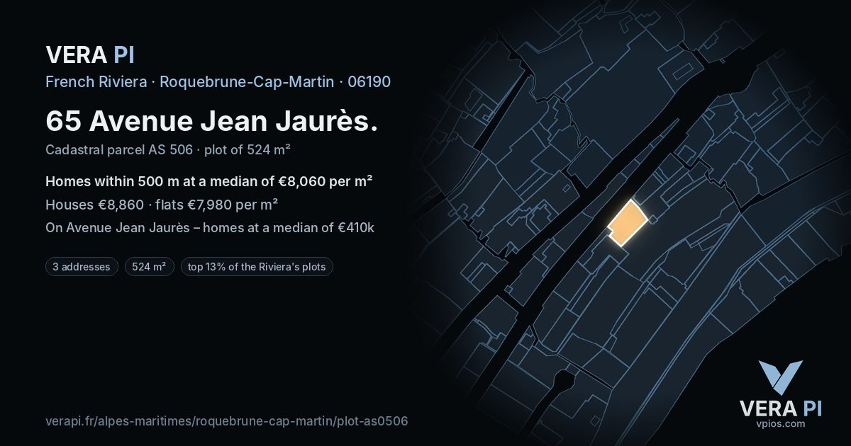 65 Avenue Jean Jaurès, Roquebrune-Cap-Martin at night – the plot lit, the parcels around coloured by the prices near them
