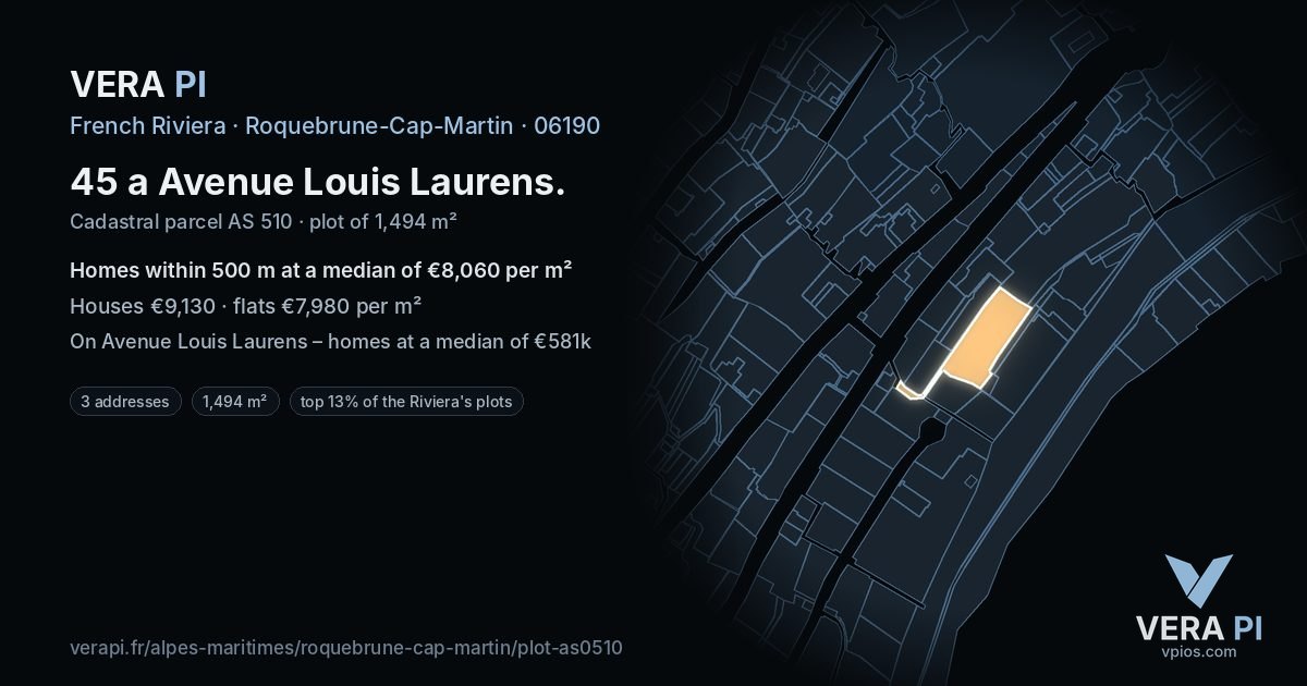 45 a Avenue Louis Laurens, Roquebrune-Cap-Martin at night – the plot lit, the parcels around coloured by the prices near them