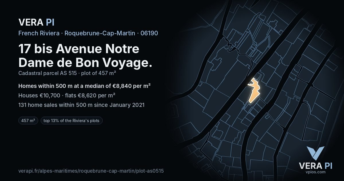 17 bis Avenue Notre Dame de Bon Voyage, Roquebrune-Cap-Martin at night – the plot lit, the parcels around coloured by the prices near them