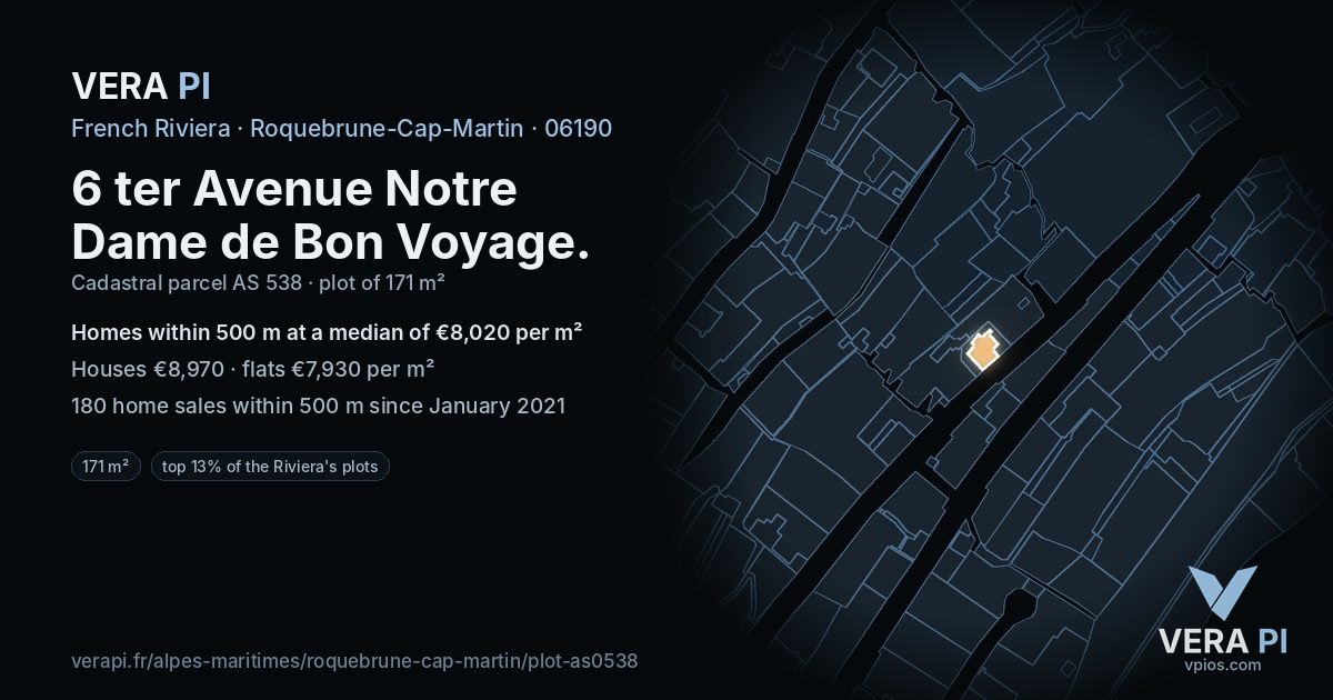 6 ter Avenue Notre Dame de Bon Voyage, Roquebrune-Cap-Martin at night – the plot lit, the parcels around coloured by the prices near them