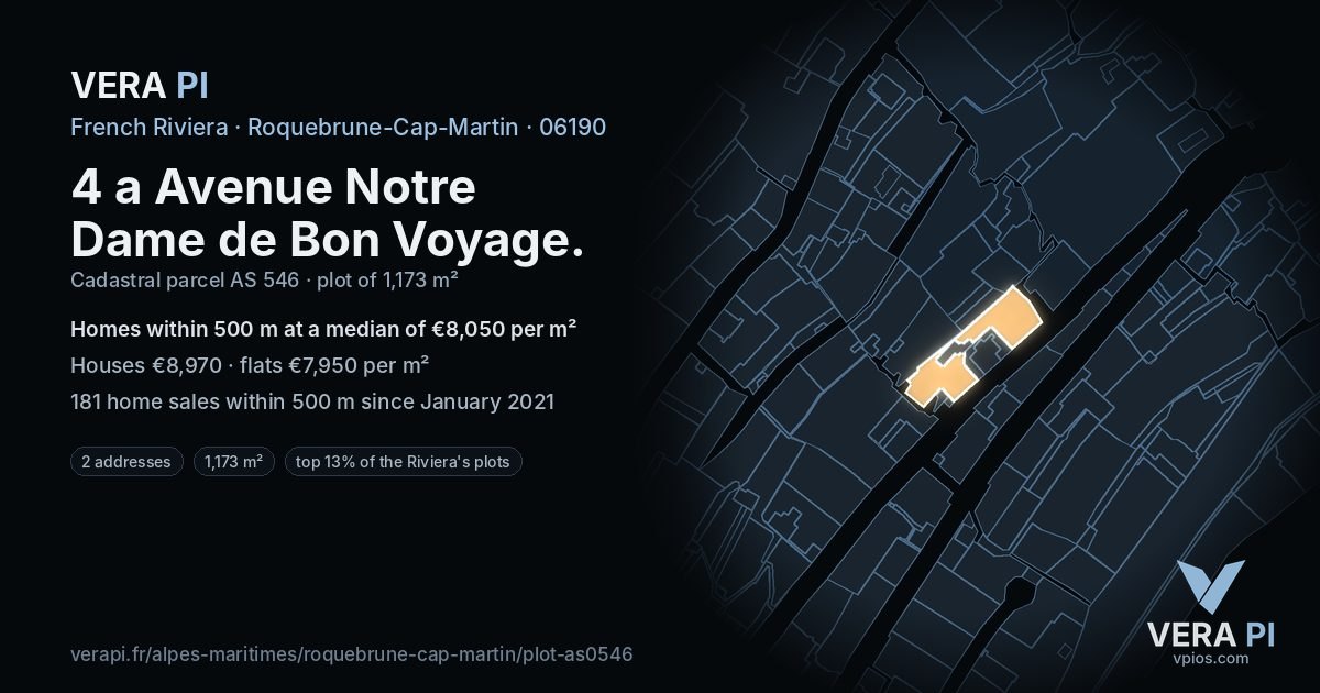 4 a Avenue Notre Dame de Bon Voyage, Roquebrune-Cap-Martin at night – the plot lit, the parcels around coloured by the prices near them