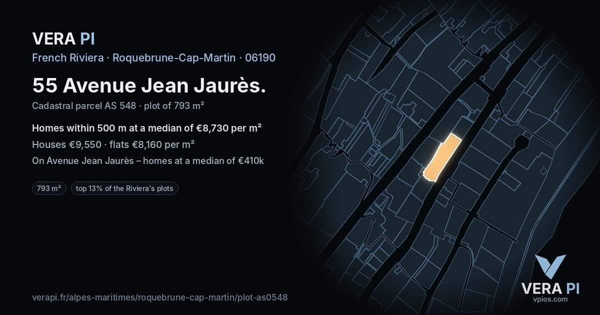 55 Avenue Jean Jaurès, Roquebrune-Cap-Martin at night – the plot lit, the parcels around coloured by the prices near them