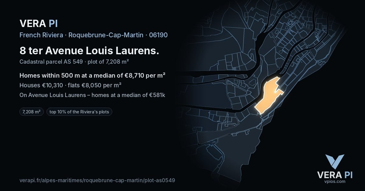 8 ter Avenue Louis Laurens, Roquebrune-Cap-Martin at night – the plot lit, the parcels around coloured by the prices near them
