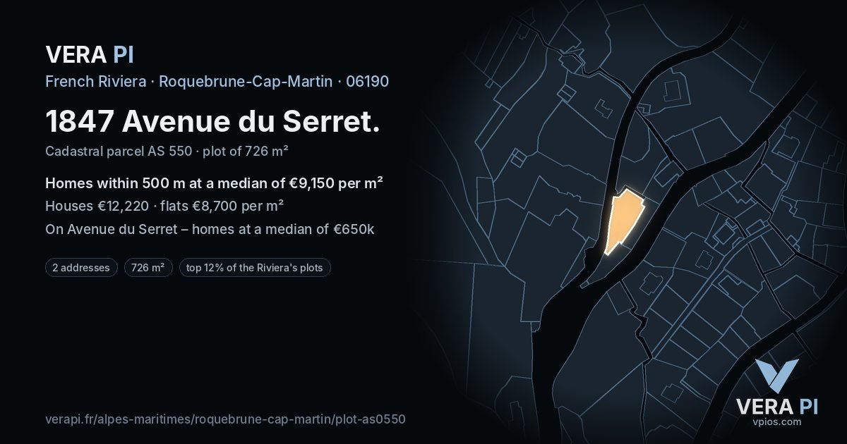 1847 Avenue du Serret, Roquebrune-Cap-Martin at night – the plot lit, the parcels around coloured by the prices near them