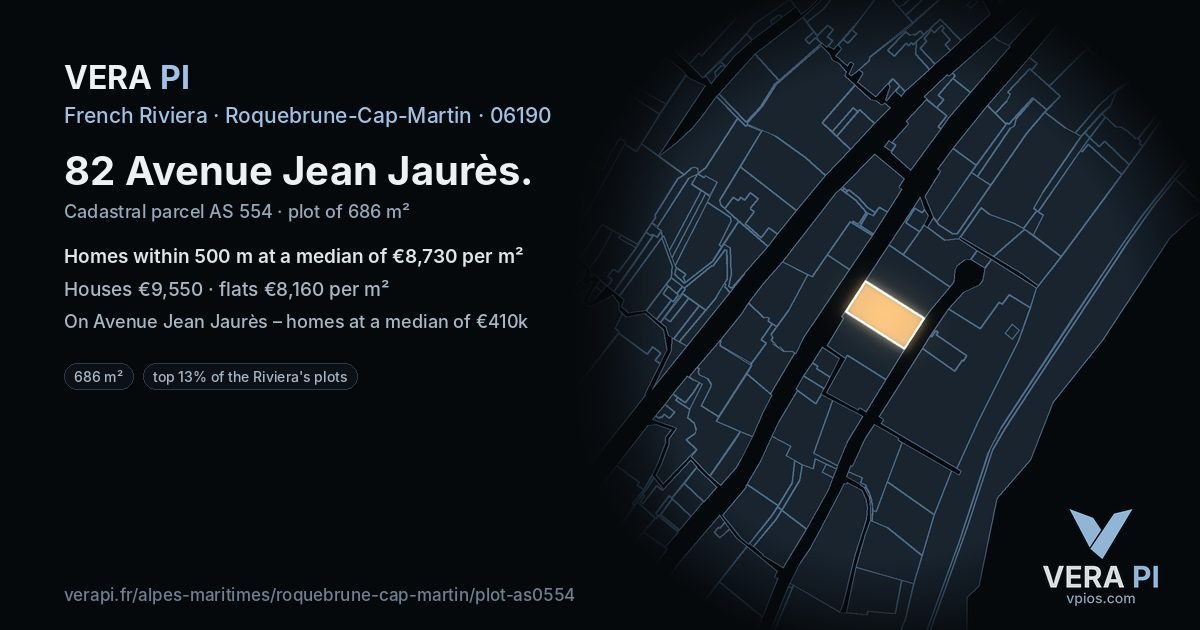 82 Avenue Jean Jaurès, Roquebrune-Cap-Martin at night – the plot lit, the parcels around coloured by the prices near them