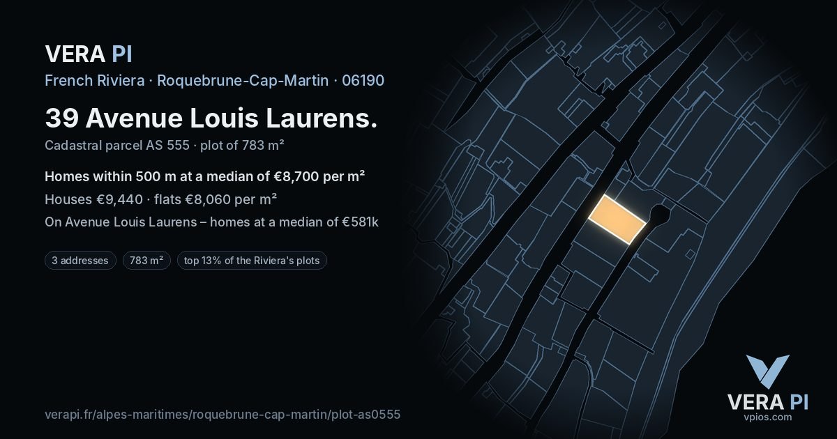 39 Avenue Louis Laurens, Roquebrune-Cap-Martin at night – the plot lit, the parcels around coloured by the prices near them