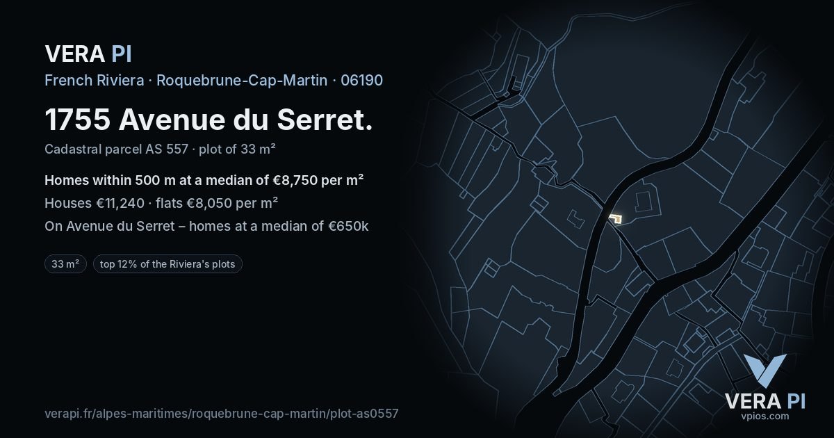 1755 Avenue du Serret, Roquebrune-Cap-Martin at night – the plot lit, the parcels around coloured by the prices near them