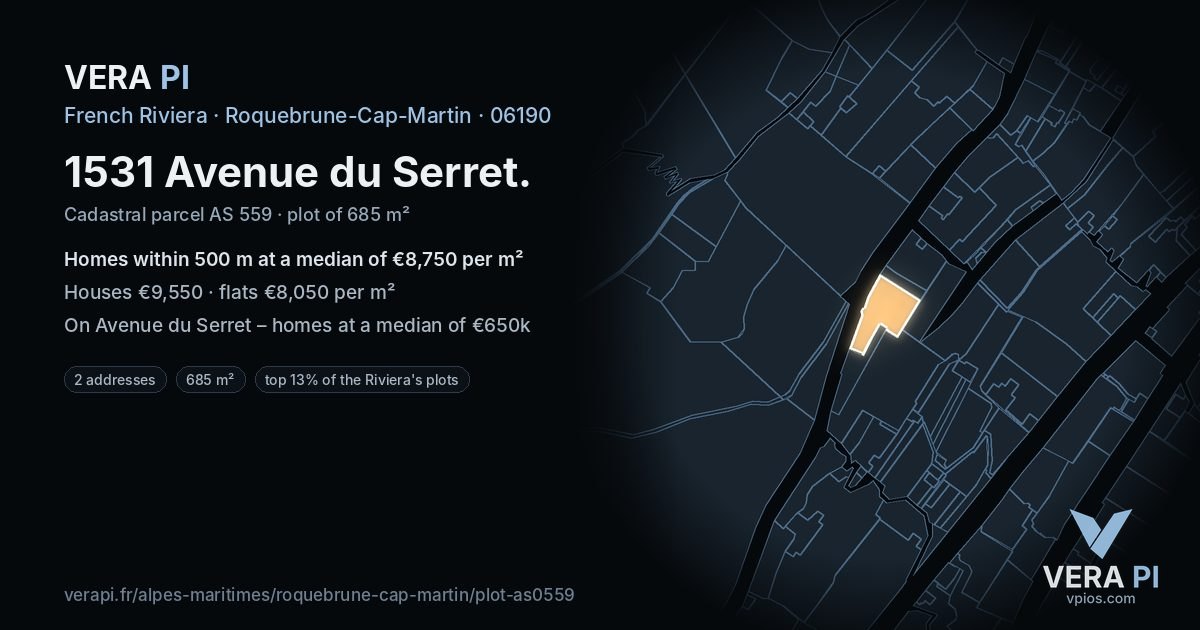 1531 Avenue du Serret, Roquebrune-Cap-Martin at night – the plot lit, the parcels around coloured by the prices near them