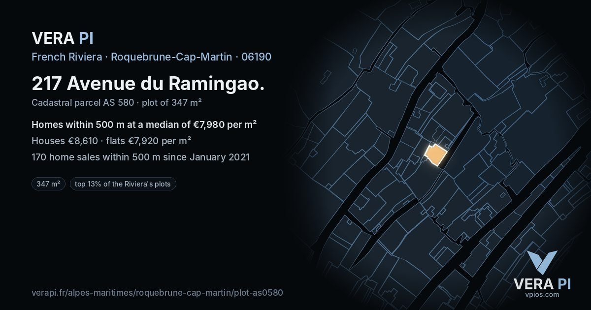 217 Avenue du Ramingao, Roquebrune-Cap-Martin at night – the plot lit, the parcels around coloured by the prices near them